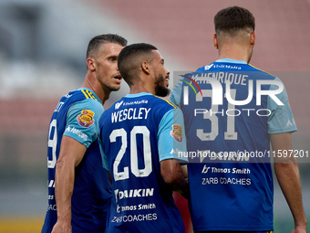 Vito Plut of Sliema Wanderers gestures in celebration with his teammates after scoring the 0-1 goal during the Malta 360 Sports Premier Leag...