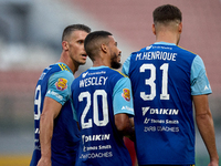 Vito Plut of Sliema Wanderers gestures in celebration with his teammates after scoring the 0-1 goal during the Malta 360 Sports Premier Leag...