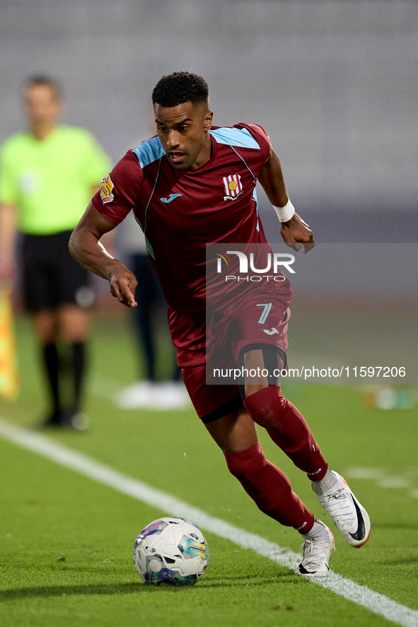 Thaylor Aldama of Gzira United is in action during the Malta 360 Sports Premier League soccer match between the two teams at the National St...