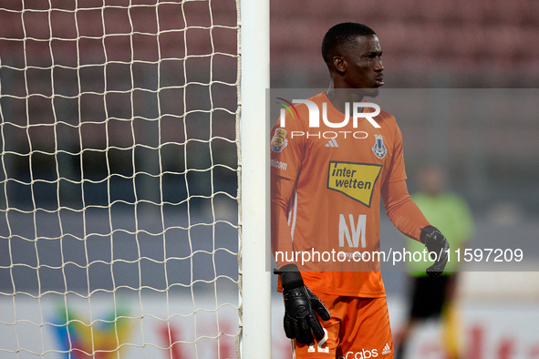 Emeka Kelvin Agu, goalkeeper of Sliema Wanderers, gestures during the Malta 360 Sports Premier League soccer match between the two teams at...