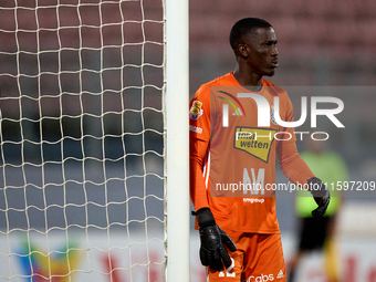 Emeka Kelvin Agu, goalkeeper of Sliema Wanderers, gestures during the Malta 360 Sports Premier League soccer match between the two teams at...