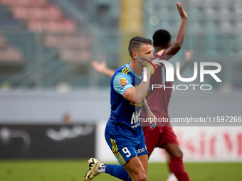 Vito Plut of Sliema Wanderers gestures in celebration after scoring the 0-1 goal during the Malta 360 Sports Premier League soccer match bet...