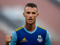 Vito Plut of Sliema Wanderers gestures in celebration after scoring the 0-1 goal during the Malta 360 Sports Premier League soccer match bet...