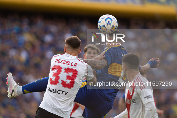 A player of Boca Juniors during an Argentine soccer league match at La Bombonera stadium in Buenos Aires, Argentina, on September 21, 2024. 