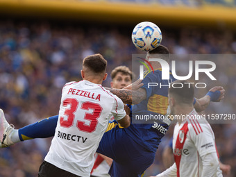 A player of Boca Juniors during an Argentine soccer league match at La Bombonera stadium in Buenos Aires, Argentina, on September 21, 2024....