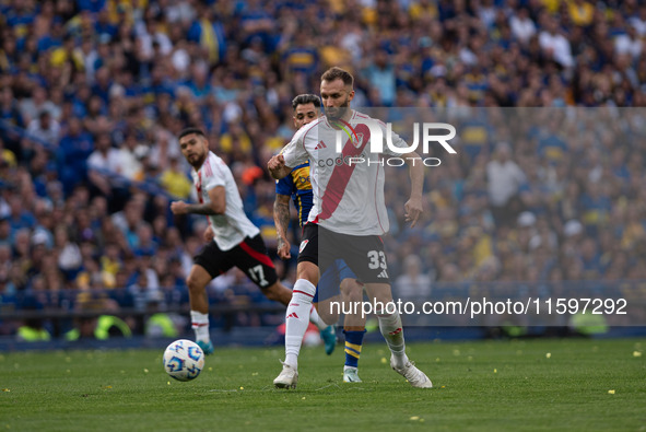 German Pezzella of River Plate during an Argentine soccer league match at La Bombonera stadium in Buenos Aires, Argentina, on September 21,...