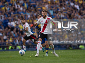 German Pezzella of River Plate during an Argentine soccer league match at La Bombonera stadium in Buenos Aires, Argentina, on September 21,...