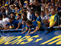 Fans of Boca Juniors during an Argentine soccer league match at La Bombonera stadium in Buenos Aires, Argentina, on September 21, 2024. (