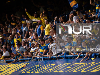 Fans of Boca Juniors during an Argentine soccer league match at La Bombonera stadium in Buenos Aires, Argentina, on September 21, 2024. (