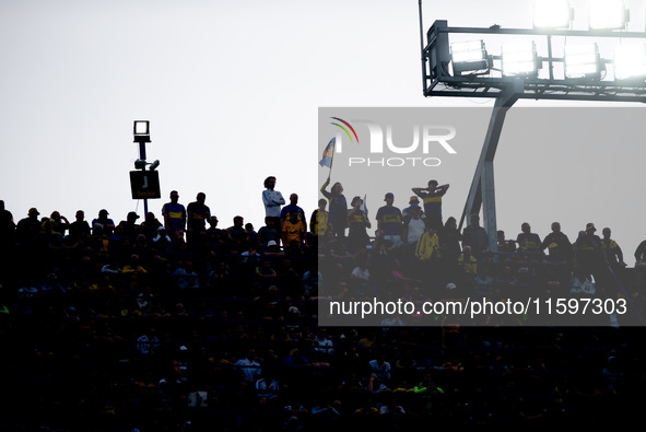 Fans of Boca Juniors during an Argentine soccer league match at La Bombonera stadium in Buenos Aires, Argentina, on September 21, 2024. 