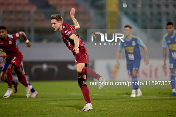 Gabriel Bohrer Mentz of Gzira United takes a penalty kick during the Malta 360 Sports Premier League soccer match between Gzira United and S...