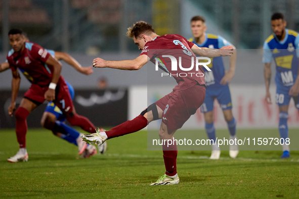 Gabriel Bohrer Mentz of Gzira United takes a penalty kick during the Malta 360 Sports Premier League soccer match between Gzira United and S...