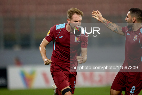 Gabriel Bohrer Mentz of Gzira United gestures in celebration after scoring the 1-1 goal from a penalty kick during the Malta 360 Sports Prem...