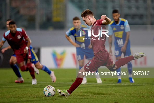 Gabriel Bohrer Mentz of Gzira United takes a penalty kick during the Malta 360 Sports Premier League soccer match between Gzira United and S...