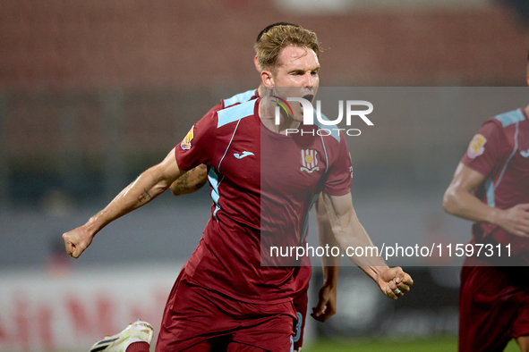 Gabriel Bohrer Mentz of Gzira United gestures in celebration after scoring the 1-1 goal from a penalty kick during the Malta 360 Sports Prem...