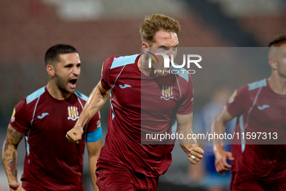 Gabriel Bohrer Mentz of Gzira United gestures in celebration after scoring the 1-1 goal from a penalty kick during the Malta 360 Sports Prem...