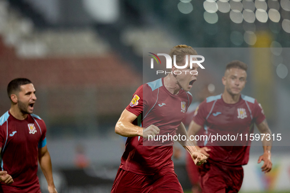 Gabriel Bohrer Mentz of Gzira United gestures in celebration after scoring the 1-1 goal from a penalty kick during the Malta 360 Sports Prem...