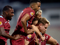 Gabriel Bohrer Mentz (right) of Gzira United celebrates with his teammates after scoring the 1-1 goal from a penalty kick during the Malta 3...