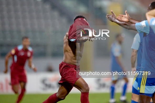 Luis Carlo Riascos of Gzira United gestures in celebration after scoring the 2-2 goal for his team during the Malta 360 Sports Premier Leagu...