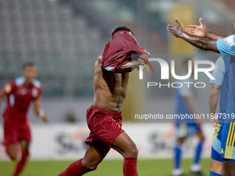 Luis Carlo Riascos of Gzira United gestures in celebration after scoring the 2-2 goal for his team during the Malta 360 Sports Premier Leagu...