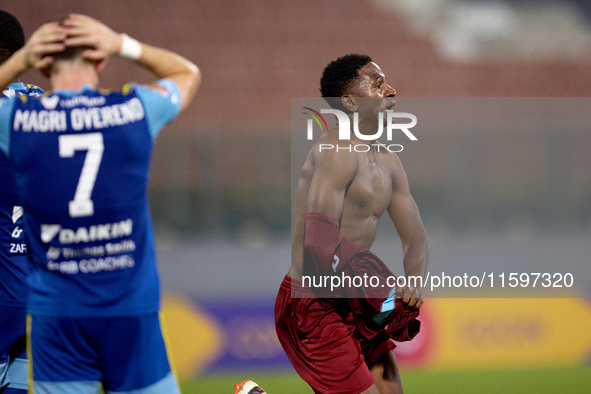 Luis Carlo Riascos of Gzira United gestures in celebration after scoring the 2-2 goal for his team during the Malta 360 Sports Premier Leagu...