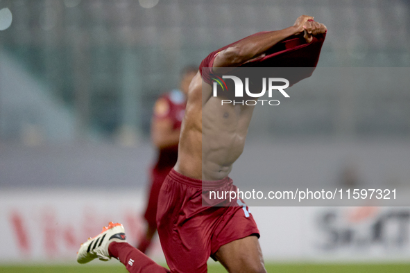 Luis Carlo Riascos of Gzira United gestures in celebration after scoring the 2-2 goal for his team during the Malta 360 Sports Premier Leagu...