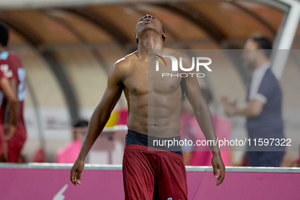 Luis Carlo Riascos of Gzira United gestures in celebration after scoring the 2-2 goal for his team during the Malta 360 Sports Premier Leagu...