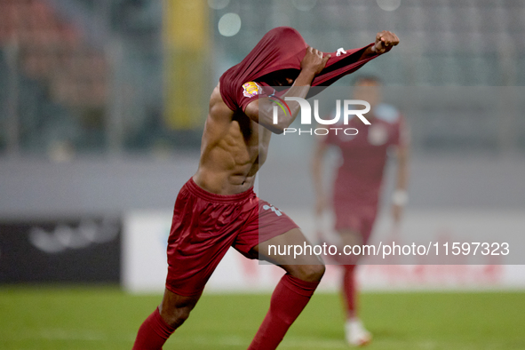 Luis Carlo Riascos of Gzira United gestures in celebration after scoring the 2-2 goal for his team during the Malta 360 Sports Premier Leagu...