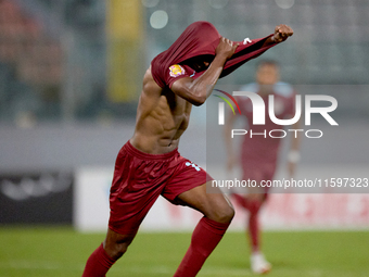 Luis Carlo Riascos of Gzira United gestures in celebration after scoring the 2-2 goal for his team during the Malta 360 Sports Premier Leagu...