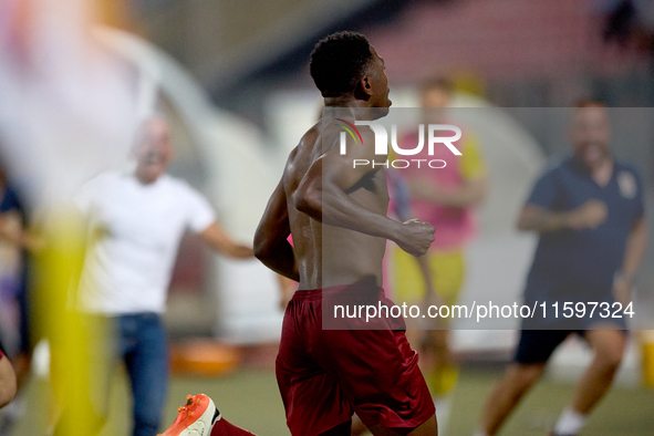 Luis Carlo Riascos of Gzira United gestures in celebration after scoring the 2-2 goal for his team during the Malta 360 Sports Premier Leagu...