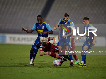 Kevin Tulimieri of Gzira United is fouled during the Malta 360 Sports Premier League soccer match between Gzira United and Sliema Wanderers...