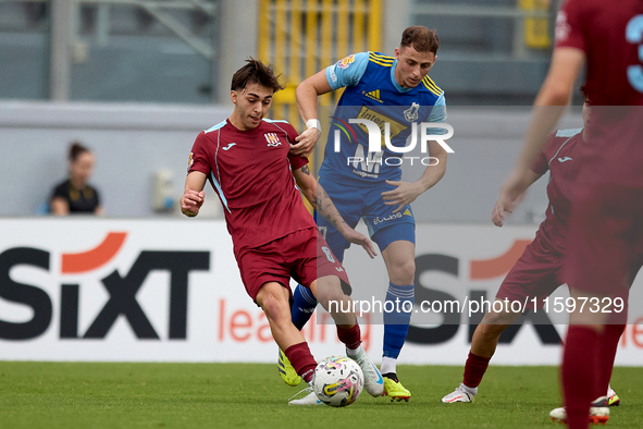 Zachary Scerri (front left) of Gzira United is in action during the Malta 360 Sports Premier League soccer match between Gzira United and Sl...