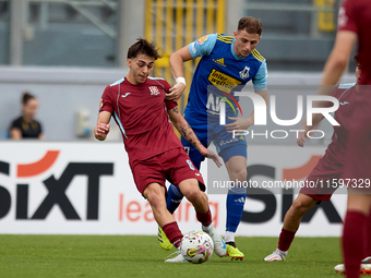 Zachary Scerri (front left) of Gzira United is in action during the Malta 360 Sports Premier League soccer match between Gzira United and Sl...