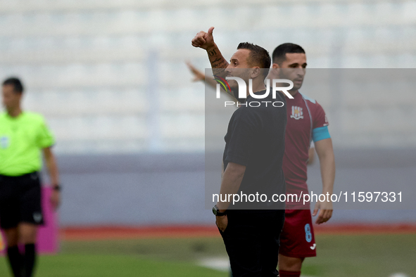 Andrew Cohen, head coach of Gzira United, gestures during the Malta 360 Sports Premier League soccer match between Gzira United and Sliema W...