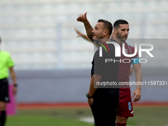 Andrew Cohen, head coach of Gzira United, gestures during the Malta 360 Sports Premier League soccer match between Gzira United and Sliema W...