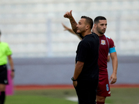 Andrew Cohen, head coach of Gzira United, gestures during the Malta 360 Sports Premier League soccer match between Gzira United and Sliema W...