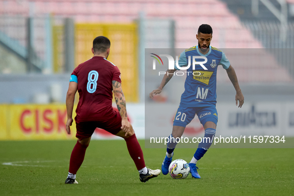 Wescley Matos Da Silva (R) of Sliema Wanderers is in action during the Malta 360 Sports Premier League soccer match between Gzira United and...