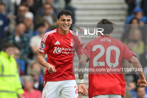 Ramon Sosa of Nottingham Forest celebrates after scoring a goal to make it 2-2 during the Premier League match between Brighton and Hove Alb...