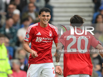 Ramon Sosa of Nottingham Forest celebrates after scoring a goal to make it 2-2 during the Premier League match between Brighton and Hove Alb...