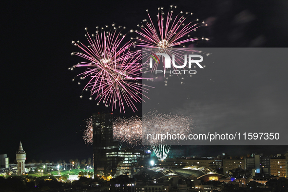 Fireworks on the Barcelona coastline mark the La Merce festivities, the city's patron saint, in Barcelona, Spain, on September 21, 2024. 