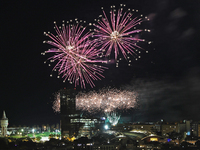 Fireworks on the Barcelona coastline mark the La Merce festivities, the city's patron saint, in Barcelona, Spain, on September 21, 2024. (