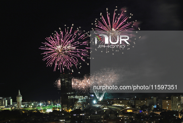 Fireworks on the Barcelona coastline mark the La Merce festivities, the city's patron saint, in Barcelona, Spain, on September 21, 2024. 