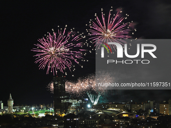 Fireworks on the Barcelona coastline mark the La Merce festivities, the city's patron saint, in Barcelona, Spain, on September 21, 2024. (