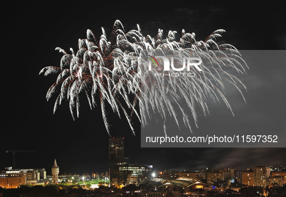 Fireworks on the Barcelona coastline mark the La Merce festivities, the city's patron saint, in Barcelona, Spain, on September 21, 2024. 