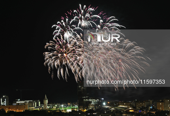 Fireworks on the Barcelona coastline mark the La Merce festivities, the city's patron saint, in Barcelona, Spain, on September 21, 2024. 