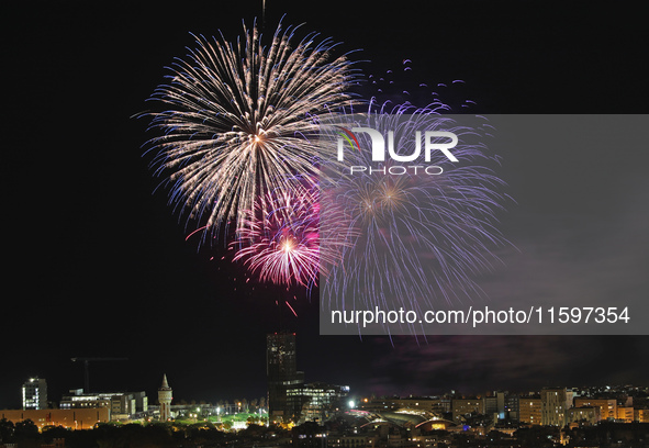 Fireworks on the Barcelona coastline mark the La Merce festivities, the city's patron saint, in Barcelona, Spain, on September 21, 2024. 