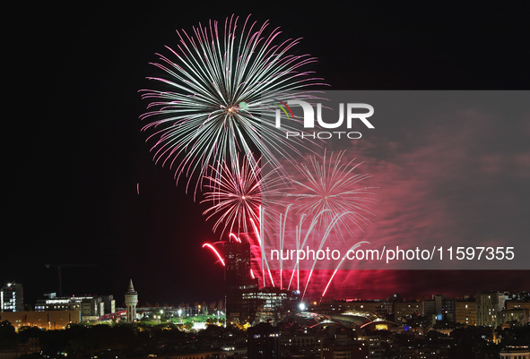 Fireworks on the Barcelona coastline mark the La Merce festivities, the city's patron saint, in Barcelona, Spain, on September 21, 2024. 