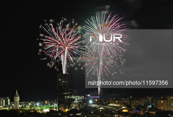 Fireworks on the Barcelona coastline mark the La Merce festivities, the city's patron saint, in Barcelona, Spain, on September 21, 2024. 