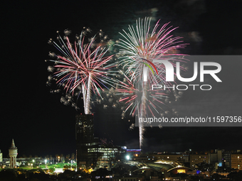 Fireworks on the Barcelona coastline mark the La Merce festivities, the city's patron saint, in Barcelona, Spain, on September 21, 2024. (