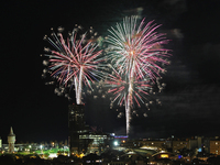 Fireworks on the Barcelona coastline mark the La Merce festivities, the city's patron saint, in Barcelona, Spain, on September 21, 2024. (